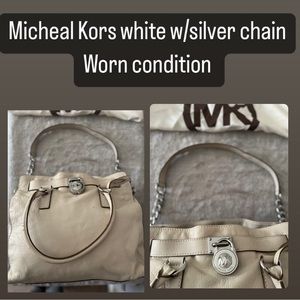 White leather Michael Kors large bag with silver chain Accents